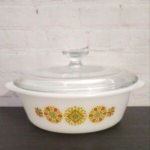 Vintage GLASBAKE 70s Retro Orange Yellow Green Floral Round Casserole Dish